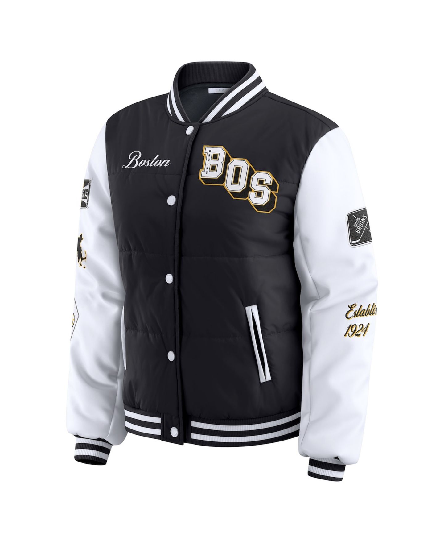 Женская куртка WEAR by Erin Andrews Black/White Boston Bruins Varsity Full-Snap Puffer — фото 2
