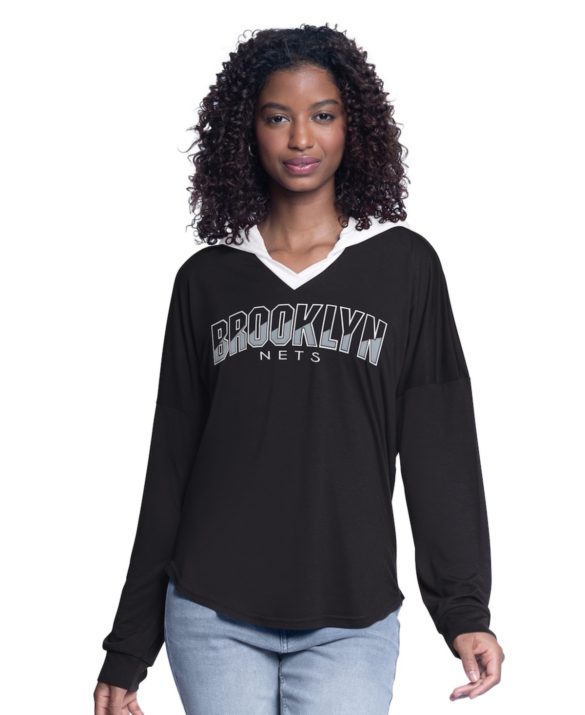 G-iii 4Her by Carl Banks Women's Black Brooklyn Nets Bench Player Oversized Long Sleeve Hooded Top - Black