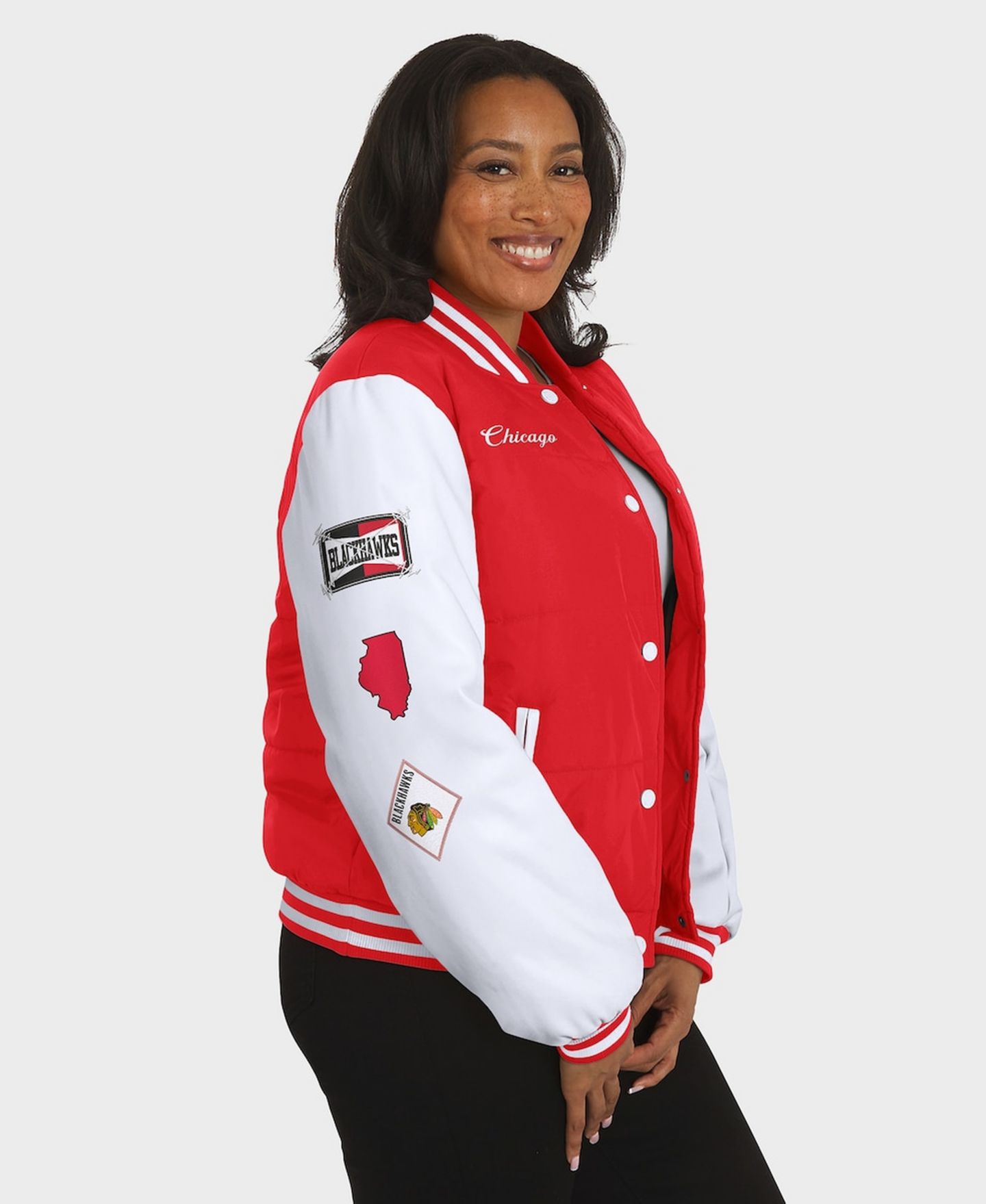 Женская куртка WEAR by Erin Andrews Red/White Chicago Blackhawks Varsity Full-Snap Puffer — фото 5