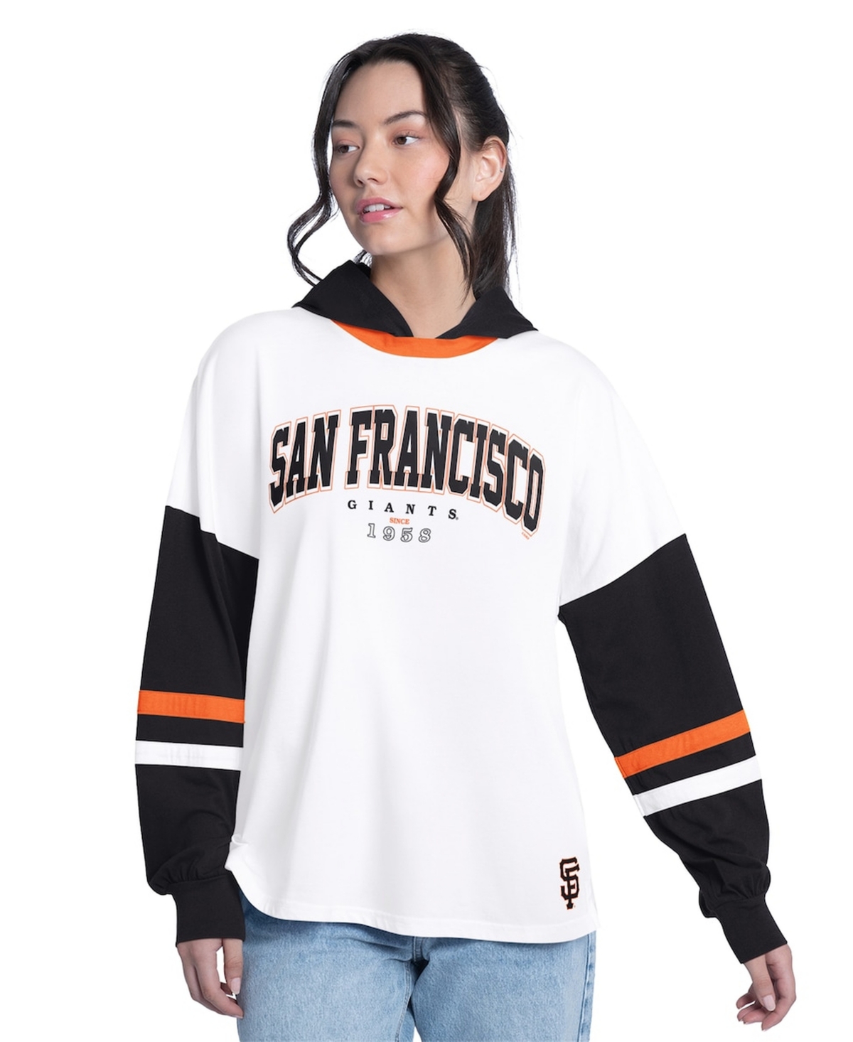 G-iii 4Her by Carl Banks Women's White/Black San Francisco Giants Key Player Oversized Hooded Long Sleeve T-Shirt