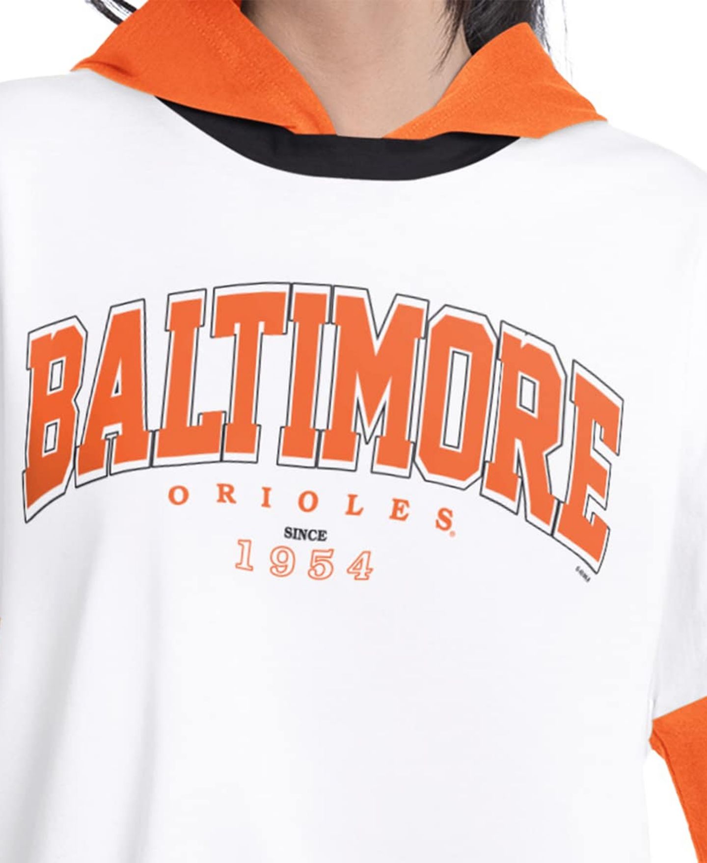 Женская футболка G-III 4Her by Carl Banks White/Orange Baltimore Orioles Key Player Oversized Hooded Long Sleeve — фото 3