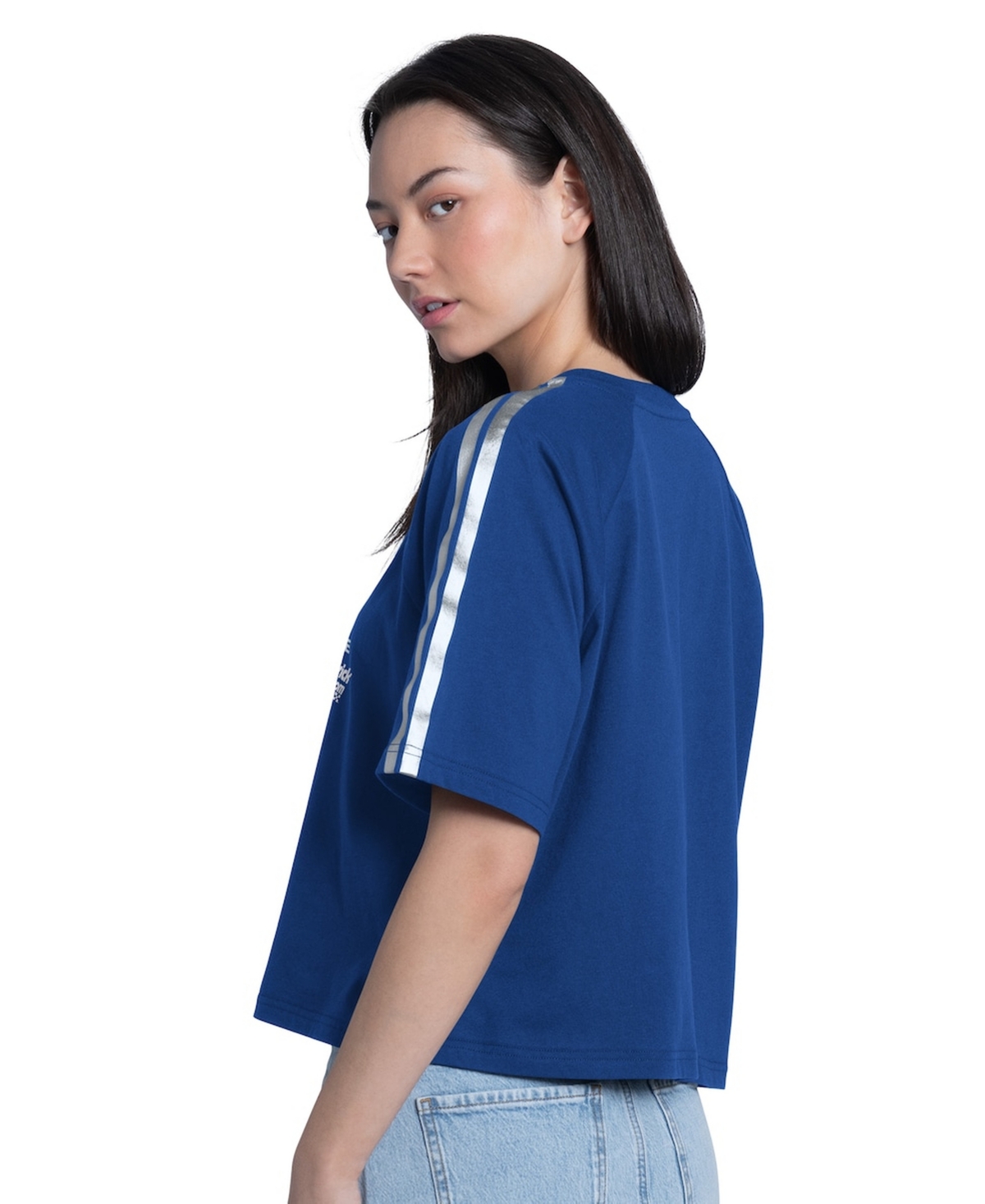 G-iii 4Her by Carl Banks Women's Royal Kyle Larson Raglan Cropped Classic Play Silver Trim T-Shirt