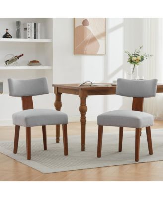 Linen Fabric Dining Chairs Set of 2, Modern Armless Kitchen Chairs with Curved Backrest and Solid Wooden Legs for Dining Room