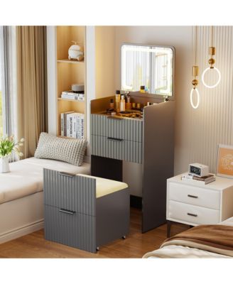 3-in-1 Flip Top Mirror Vanity Desk, Glass Desktop Dressing Table with 3 Drawers and Padded Stool