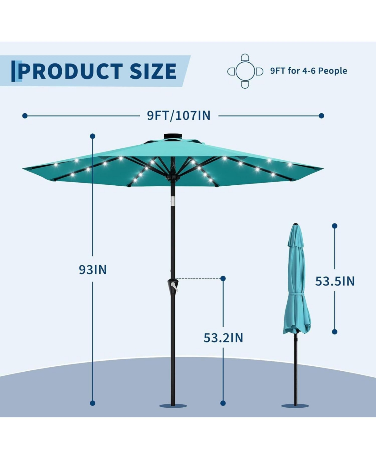 gaomon Outdoor Table Solar Patio Umbrella with 32 Led Lights, Uv Protection for Pool