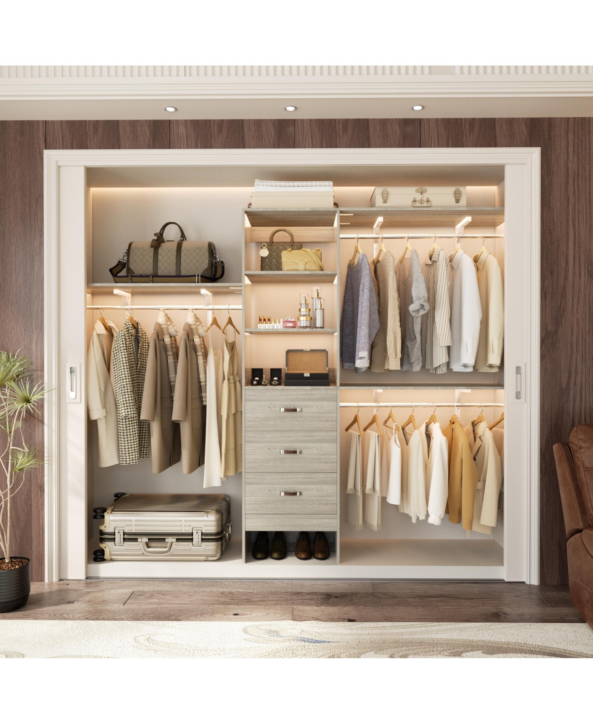 Aheaplus Closet System with 3 Hanging Rods, Drawers and Shelving Tower, 5-8 Feet Walk-in Organizer