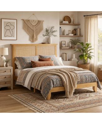 Boho Bed Frame, Rattan Headboard Bed Frame With Led Lights, Noise-Free Platform Light Wood Bed Frame