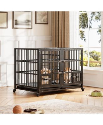 42 inch Heavy Duty Dog Crate, Large Metal Dog Crate with 2 Feeding Door and Blows, Pet Cage House with Removable Tray and Wheels for s/m/l Dogs