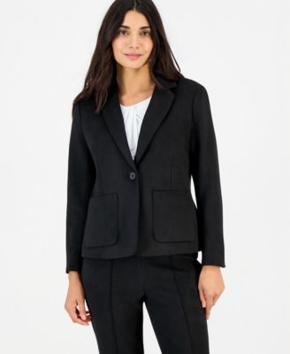 Petite Faux Suede One Button Patch-Pocket Jacket