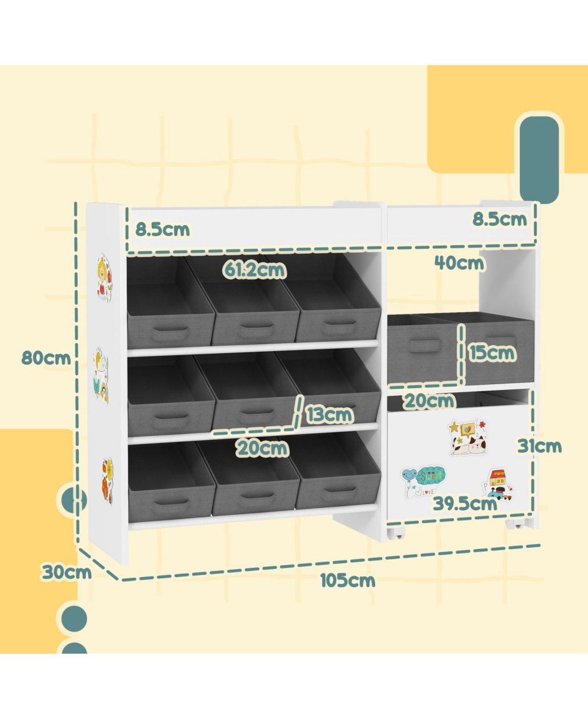 Rainsken Toy Storage Organizer for Kids, with 6 Shelves and 11 Fabric Bins, Moveable Cabinet and 3 Stickers, for Nursery, Playroom, Bedroom