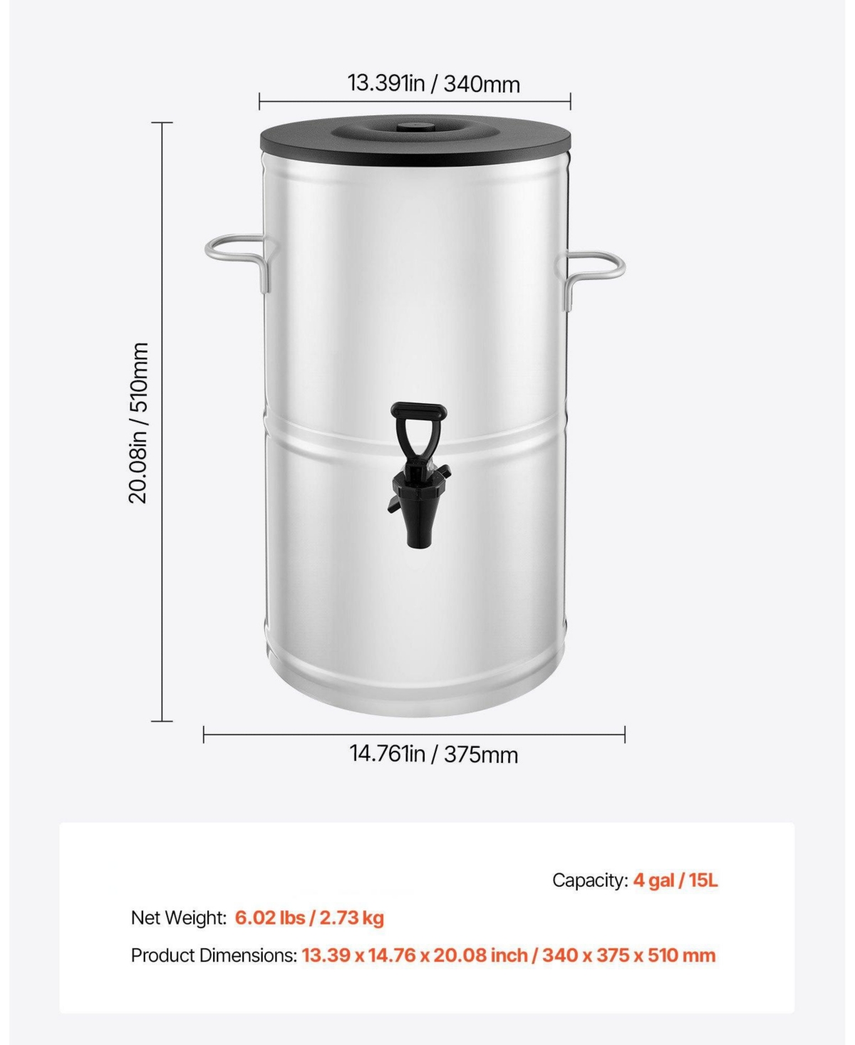 Cozito Iced Tea Dispenser, 4 Gal 15L 304 Stainless Steel Beverage Server