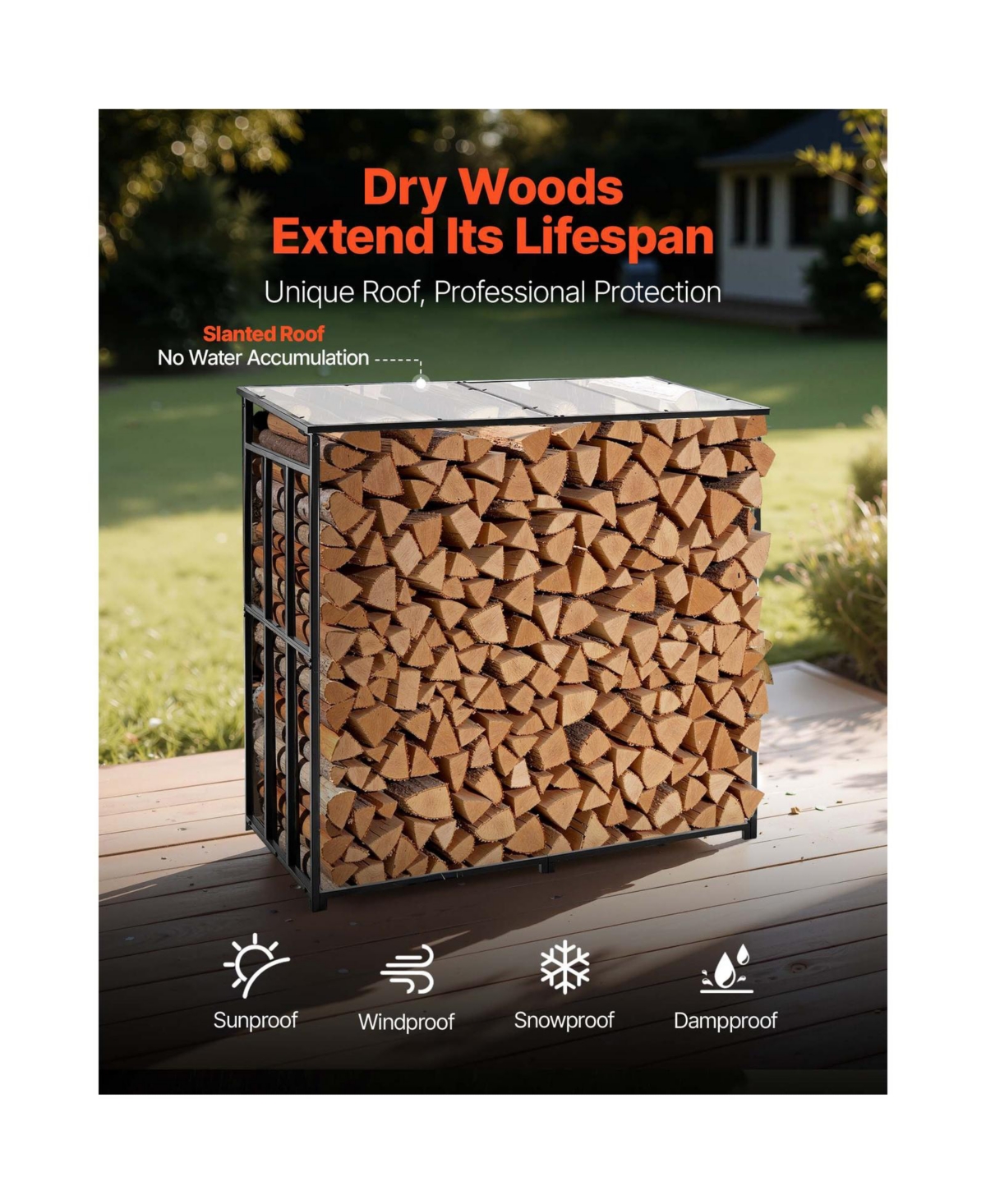Cozito Firewood Rack with Sloped Roof, 4 feet Outdoor Log Storage Holder