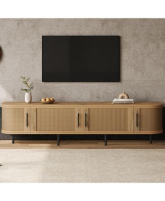 70 inch Modern TV Stand, Rattan Doors, with Storage Space and Cable Holes, for TVs up to 80 inch, Media Console, for Living Room