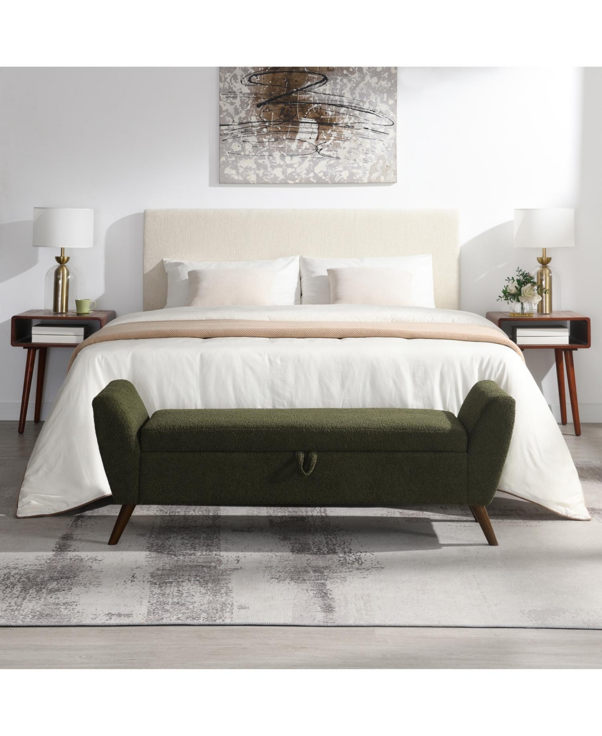 Rainsken 60' inch Modern Storage Bench, with Mid-Centruy Wood Legs, Hidden Storage, Comfort Padded Seat