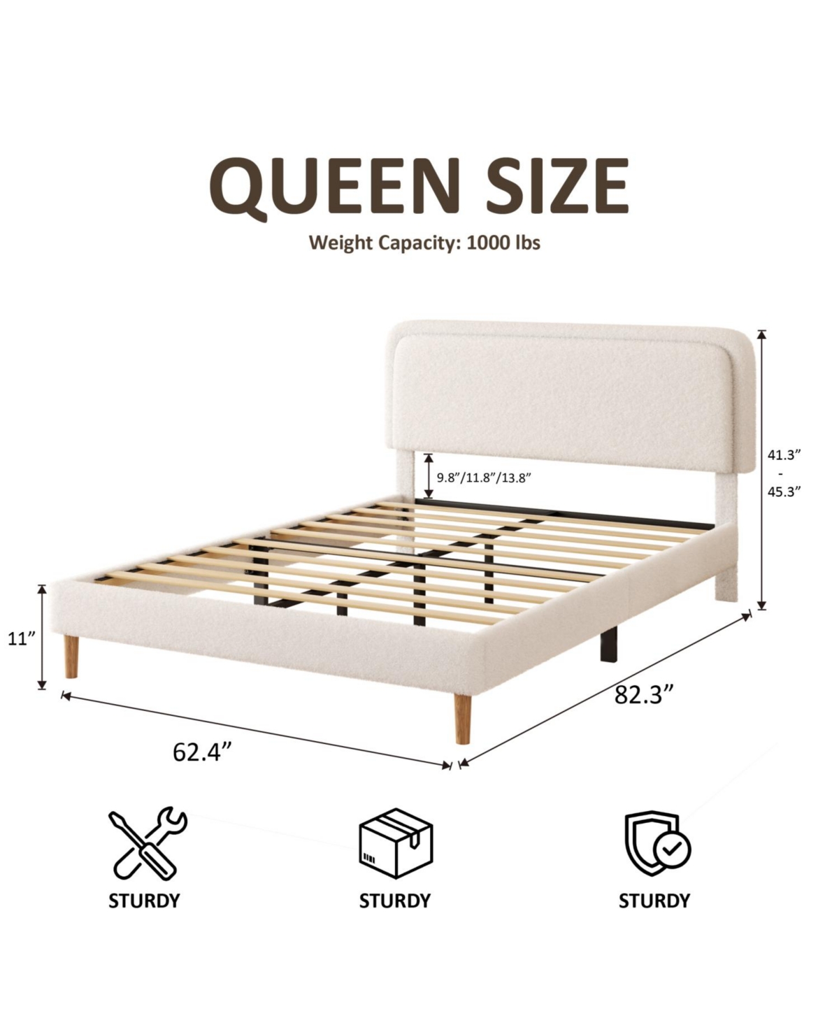 Rainsken Platform Bed Frame, with Height-Adjustable Headboard, Quiet Design, Upholstered Teddy fabric