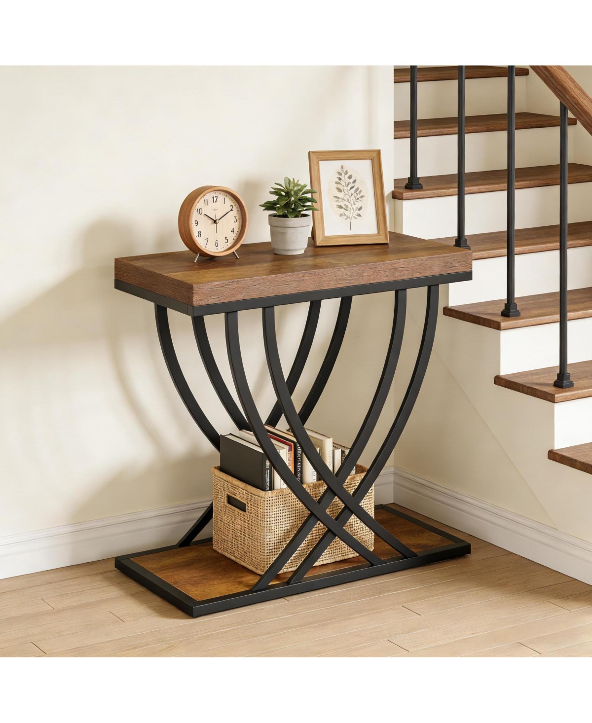 Rainsken Narrow 2-Tier Nightstand, Industrial Bedside Table with 2 Open Shelves and Metal Frame, Wood End Table for Living Room, Bedroom