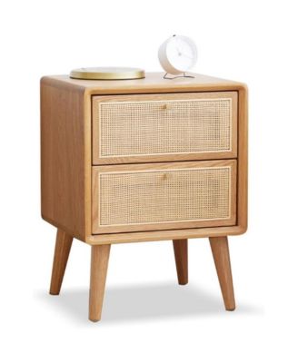 Rattan Nightstand, Solid Oak Wood Bedside Table with 2 Drawers Drawers, Small End Table for Small Spaces, Bedroom, Living Room