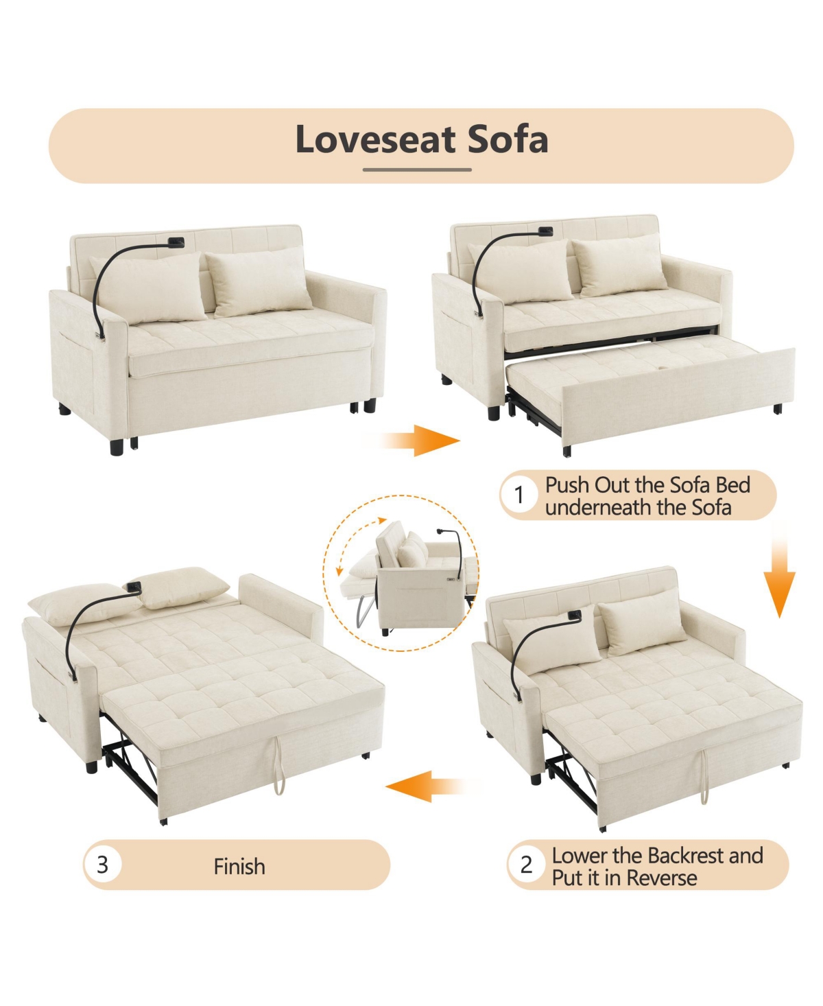 Rainsken 56.9" Loveseat Sofa Couch, Pull-Out Sleeper Bed with a Reversible Backrest Cushion, 2 Usb Ports and Phone Holder for Living Room