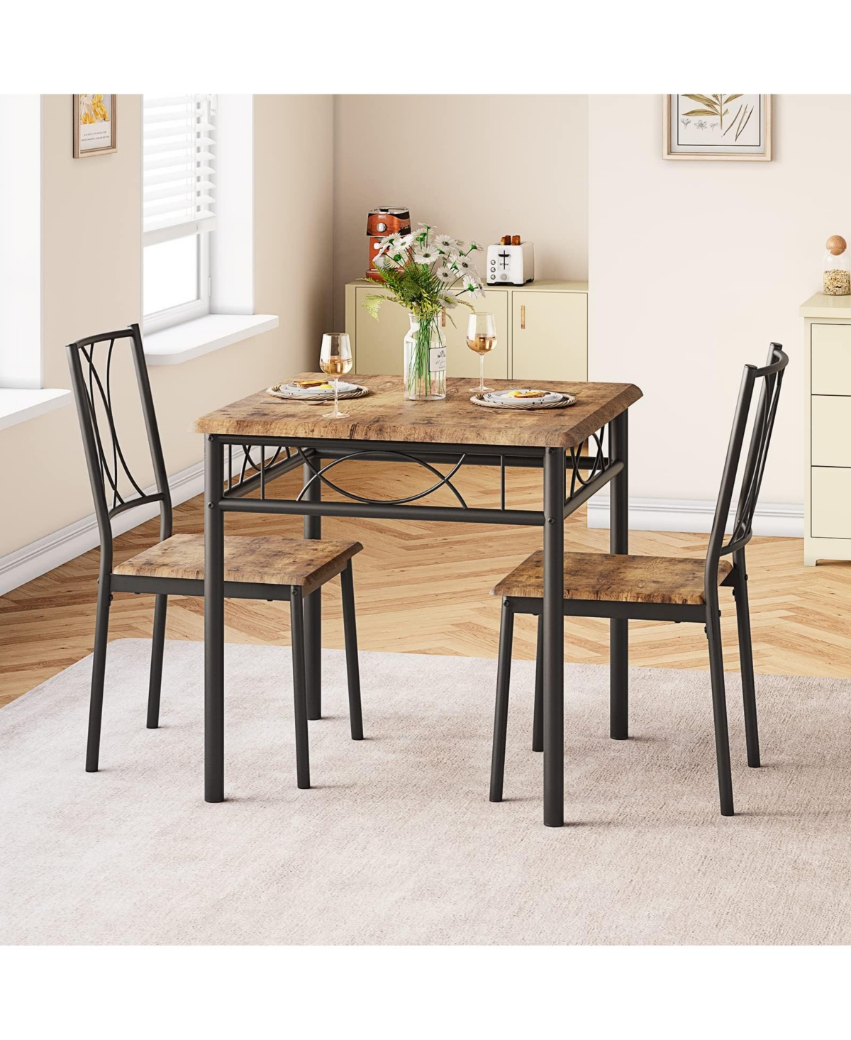 gaomon 3-Piece Dining Table Set for 2 with Metal & Wood Chairs - Space-Saving Square Kitchen Table Set