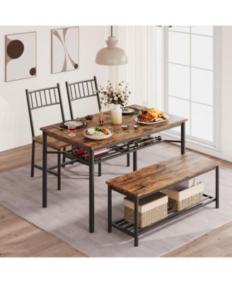 4 Piece Dining Table Set, Rectangular Kitchen Table Set with Upholstered Chair & Storage Benches