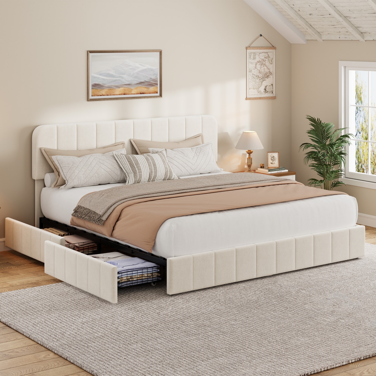 gaomon Velvet Upholstered Platform Bed with 4 Storage Drawers - Adjustable Headboard, No Box Spring Needed