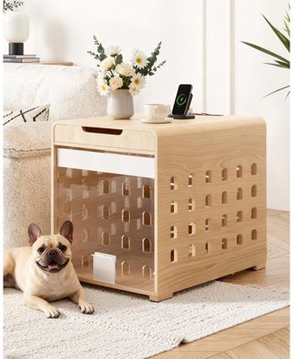26-Inch Width Modern Oak Dog Crate Furniture with Charging Station, Large Kennel Indoor Wood Pet End Side Table Cage