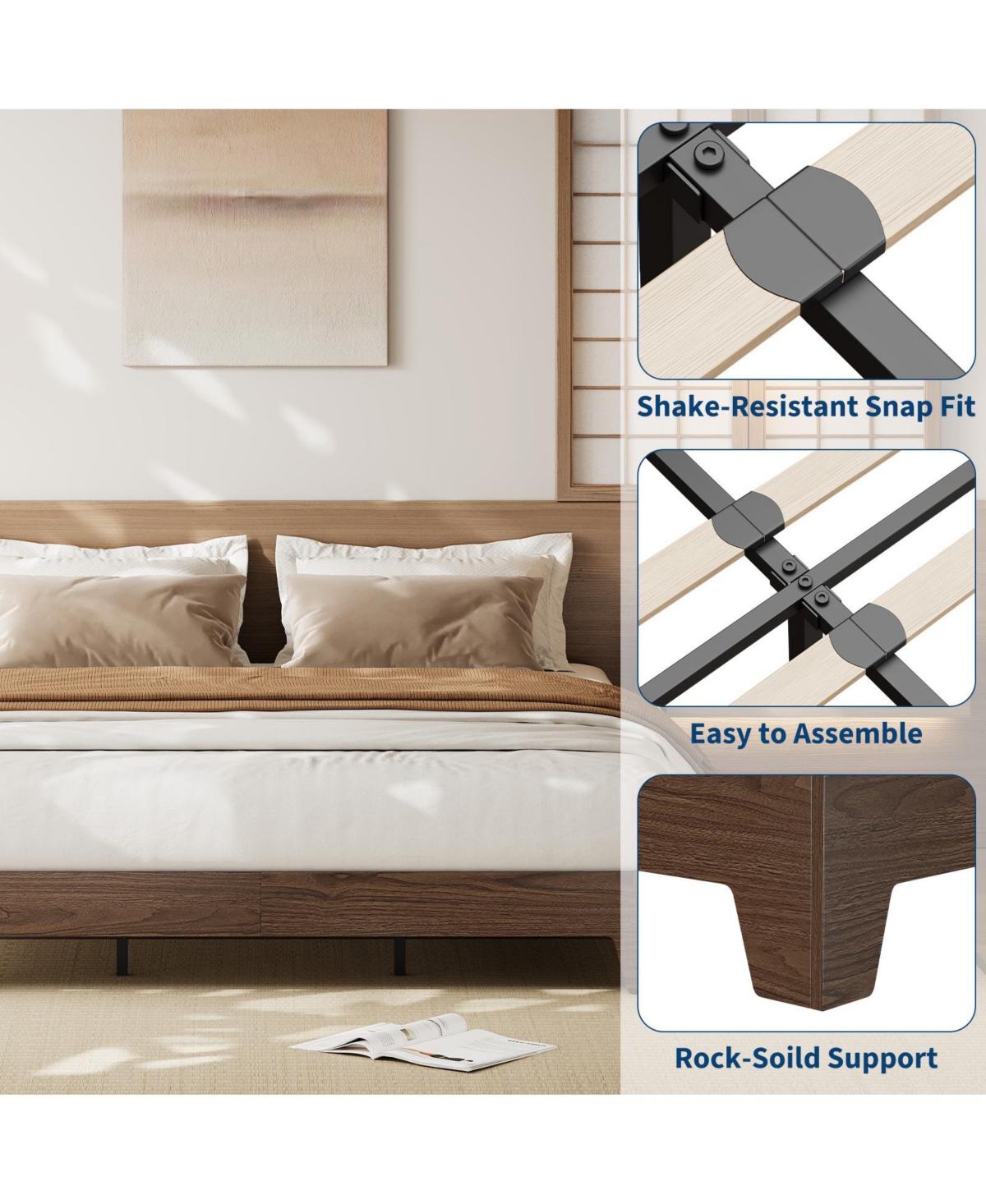 homfan Platform Bed Frame with Wood-Grain Finish, Wooden Slat Support, Low Profile Design