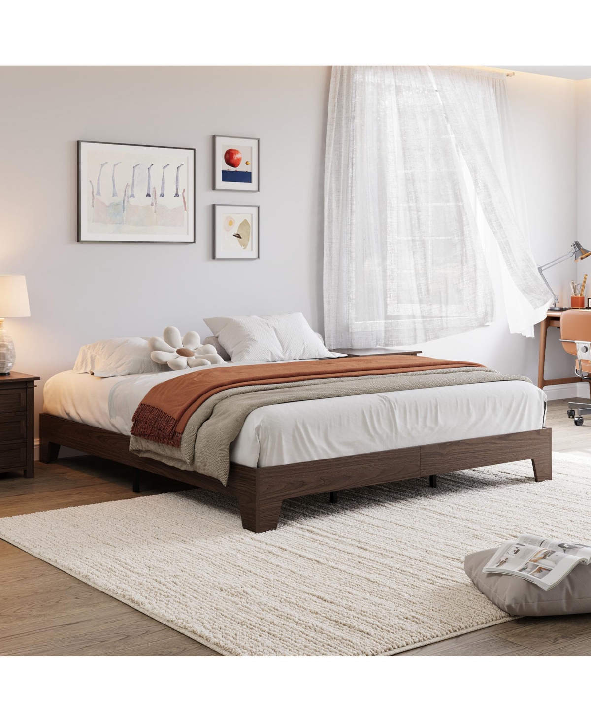 homfan Platform Bed Frame with Wood-Grain Finish, Wooden Slat Support, Low Profile Design