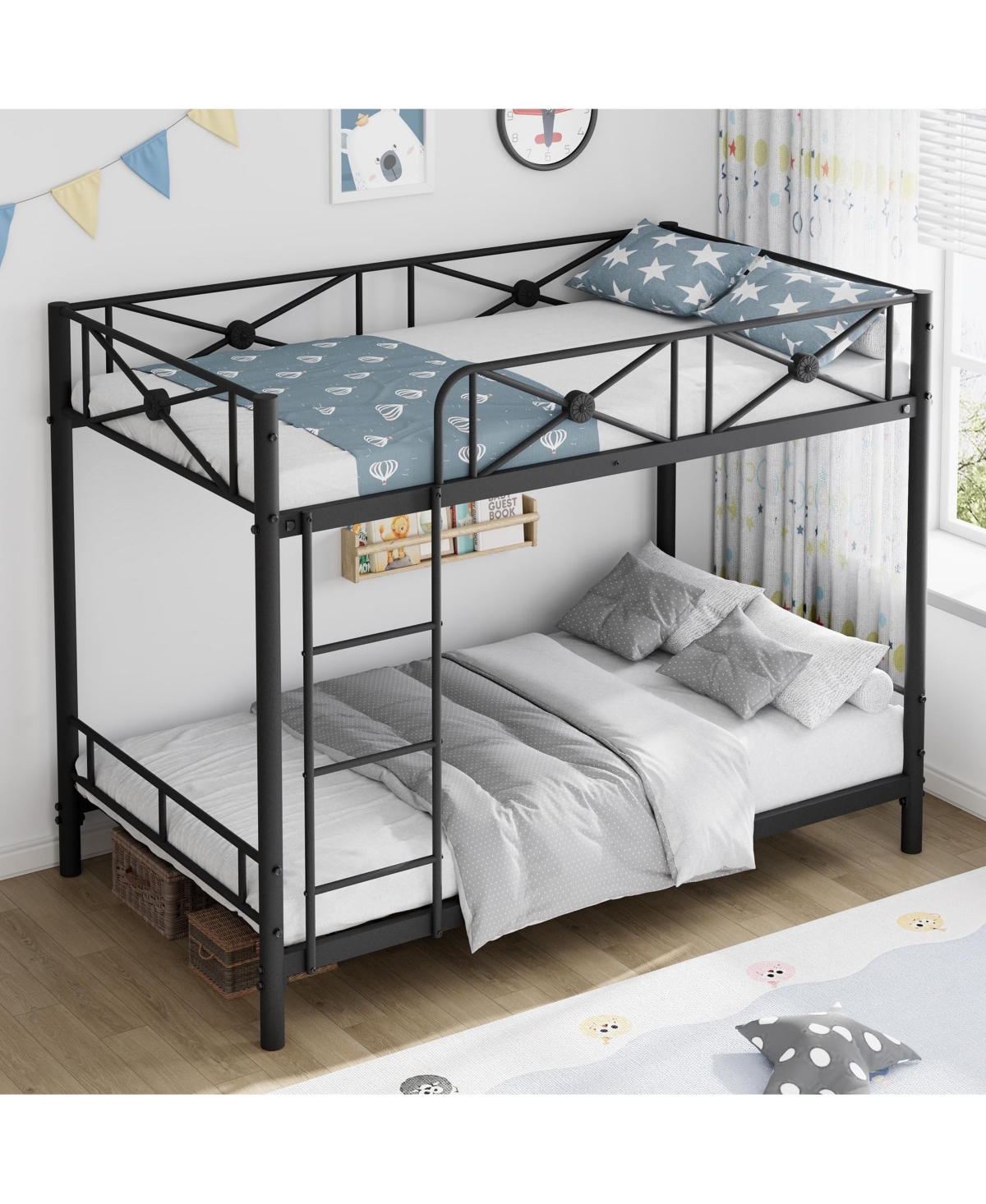 homfan Twin Over Metal Bunk Bed with Floral Design, Safety Guardrails, Space-Saving Steel Frame for Bedroom or School
