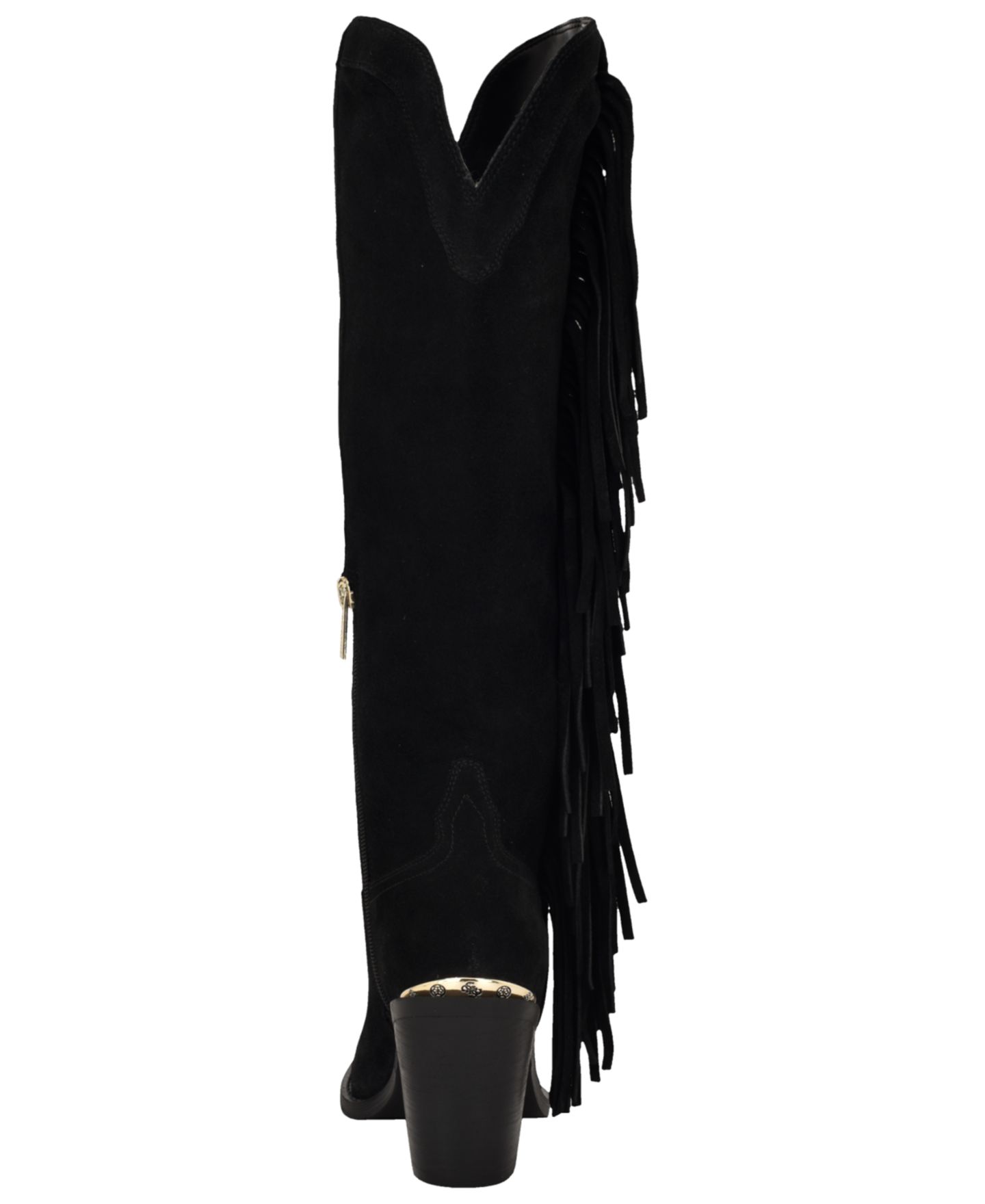 Женские ботинки GUESS Sashle Western Fringe Knee High Heeled Boot, цвет: Чёрный замшевый — фото 3