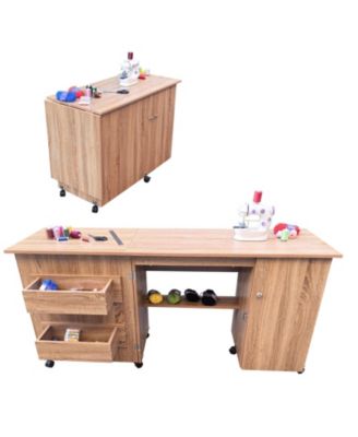 Large Folding Sewing Table with Storage Shelves, Rolling Sewing Machine Table, Wooden Craft Station with Lockable Wheels for Small Spaces, Home