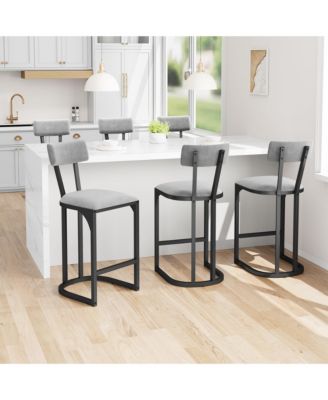 Set of 6 Counter Height Bar Stools - Curved Back Metal Frame Island Chairs, Upholstered Modern Tall Barstools for Kitchen or Dining Room