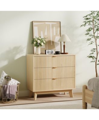 Modern Fluted 3-Drawer Dresser - Textured Storage Chest with Wide Top, Splayed Legs and Metal Handles for Bedroom, Living Room, Entryway