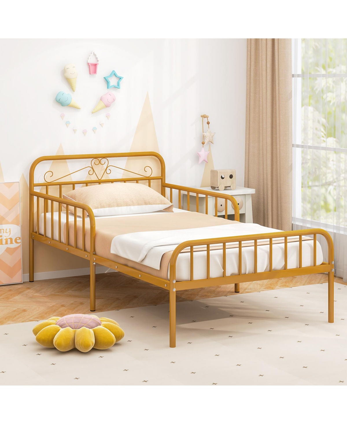Slickblue Twin Size Bed Frame with Headboard and Safety Side Guardrails