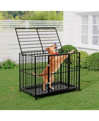 heavy-duty escape-proof dog crate, steel, chew-resistant, double door, lockable wheels, indoor/outdoor for large breeds.