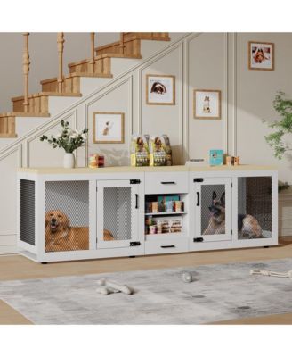 Double Dog Crate Furniture for Large Dogs,90 Inch Extra Large Heavy Duty Wooden Kennel with Feeding Station, Divider, Storage Shelves