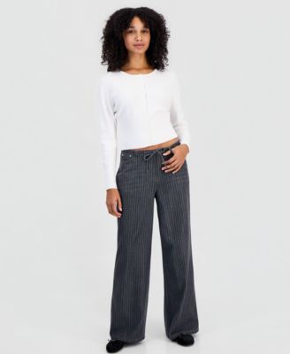 Juniors' Pinstripe Wide-Leg Pull-On Jeans