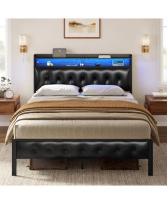 Queen/Full Size Bed Frame with Storage Headboard & Charging Station Platform Bed No Box Spring Needed
