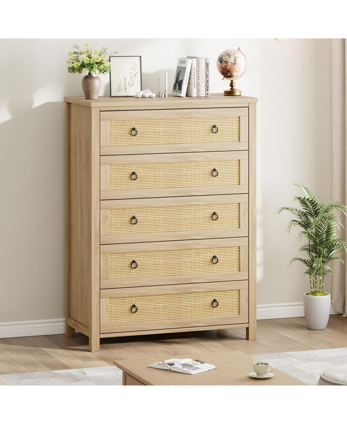 homfan 5 Drawer Tall Dresser, 45 in Rattan Dresser, Boho Chest of Drawers, Wooden Chest with Clothes Storage Cabinet
