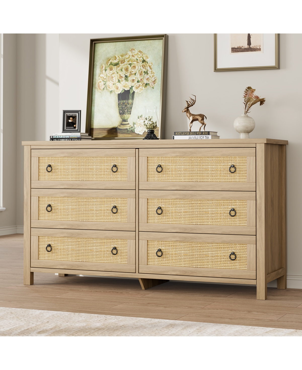 homfan 5 Drawer Tall Dresser, 45 in Rattan Dresser, Boho Chest of Drawers, Wooden Chest with Clothes Storage Cabinet
