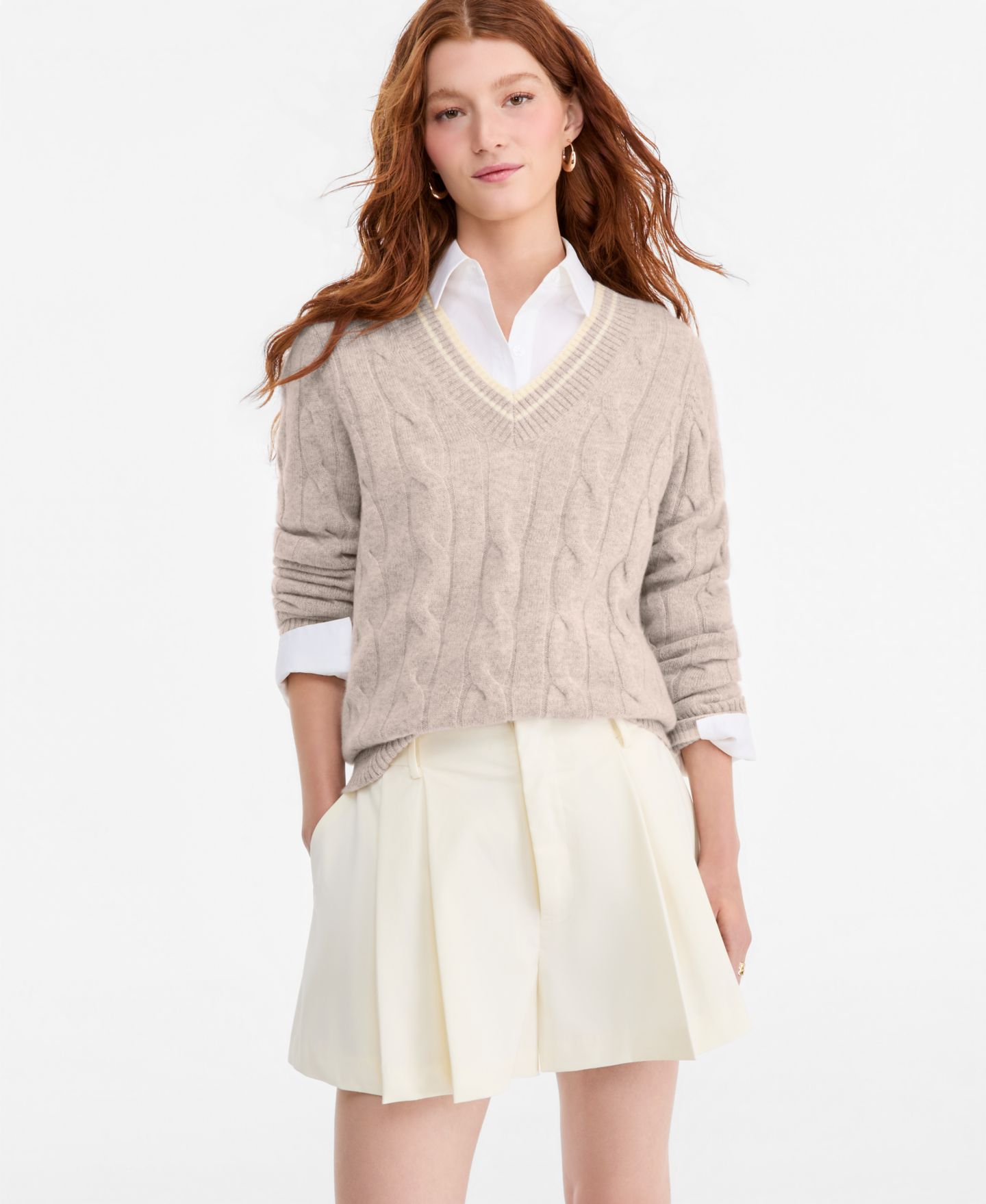 Женский свитер Charter Club 100% Cashmere Cable-Knit Tipped V-Neck, цвет: Жемчужный серо-коричневый меланжевый — фото 2