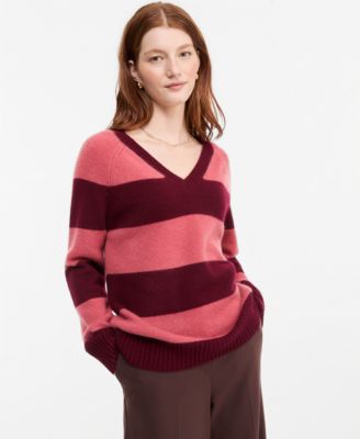 Women's 100% Cashmere Striped V-Neck Sweater