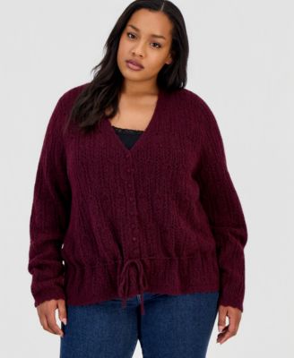 Trendy Plus Size Pointelle Drawstring Cardigan