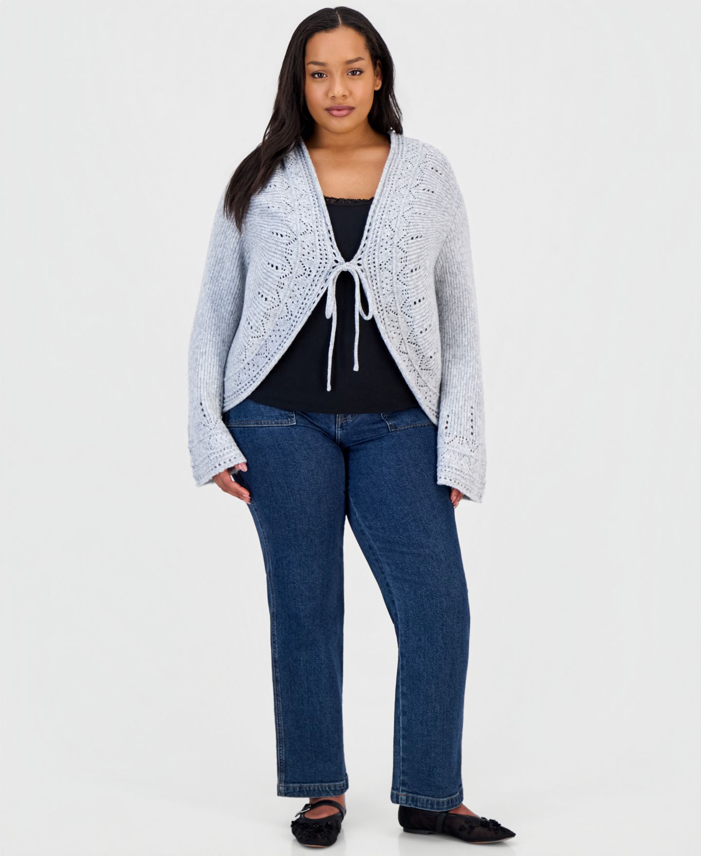 Женский кардиган And Now This Plus Size Long-Sleeve Tie-Front, цвет: Серый меланжевый — фото 2