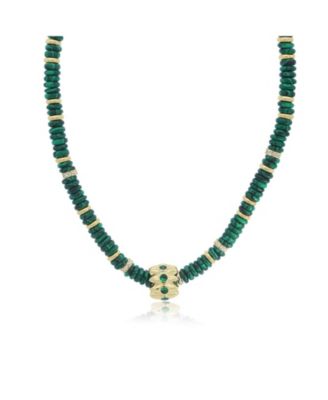 Malachite Bead Rondel Necklace 18K Gold Plated Over Brass
