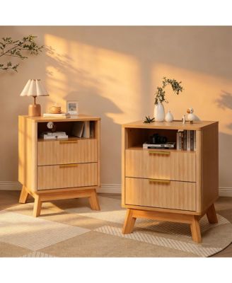 2-Pack 18" Fluted Nightstand with Charging Station - Curved Side Table with 2 Drawers, Wood Color End Table for Bedroom or Living Room