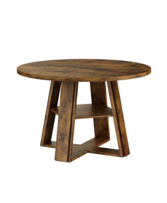 43.3" Round Dining Table for 2-4, Pedestal Base with Storage Shelf, Space-Saving for Apartment, Vintage Color