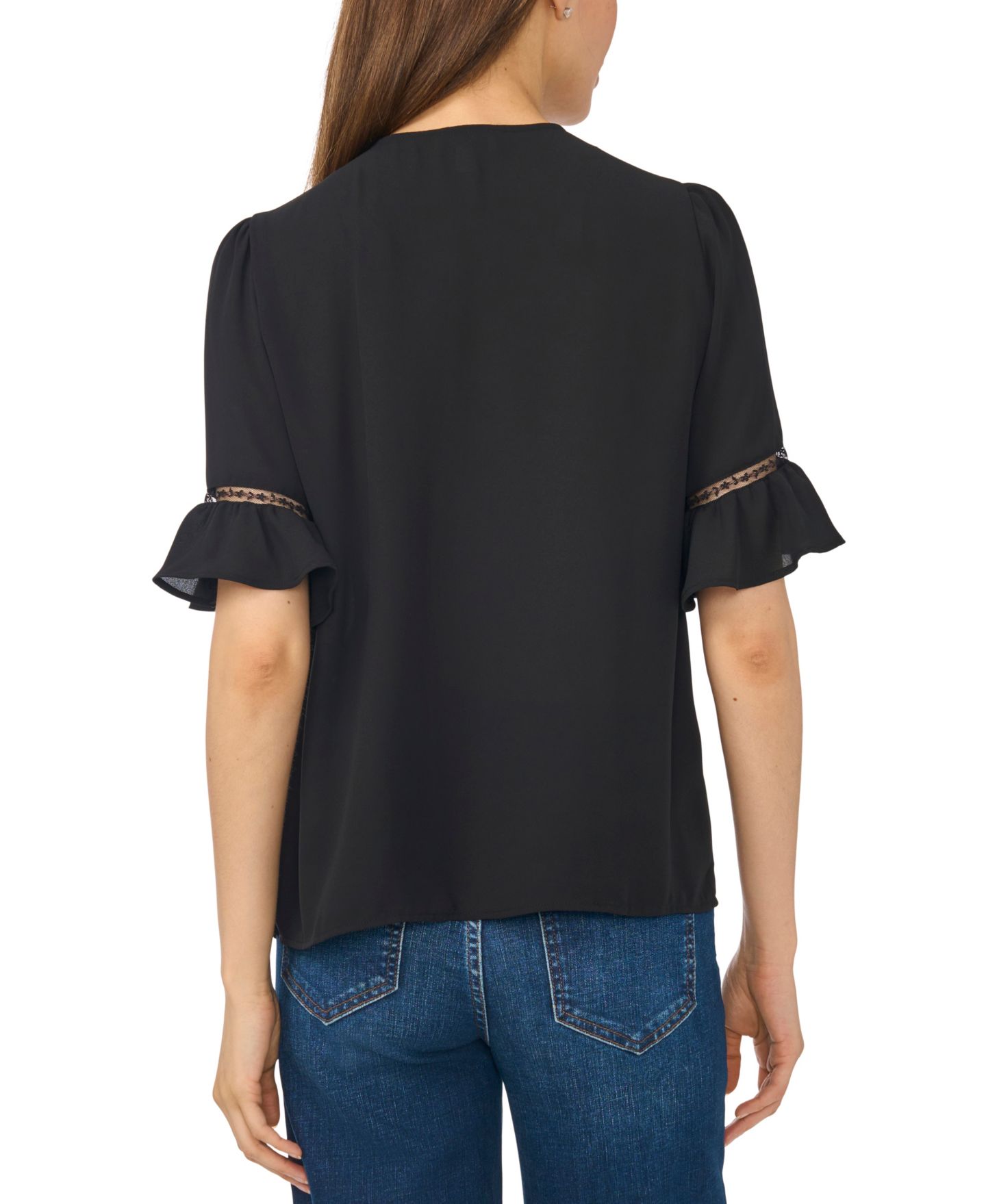 Женский топ CeCe Ruffle-Sleeve Horizontal Lace Insets Top, цвет: Насыщенный чёрный — фото 3