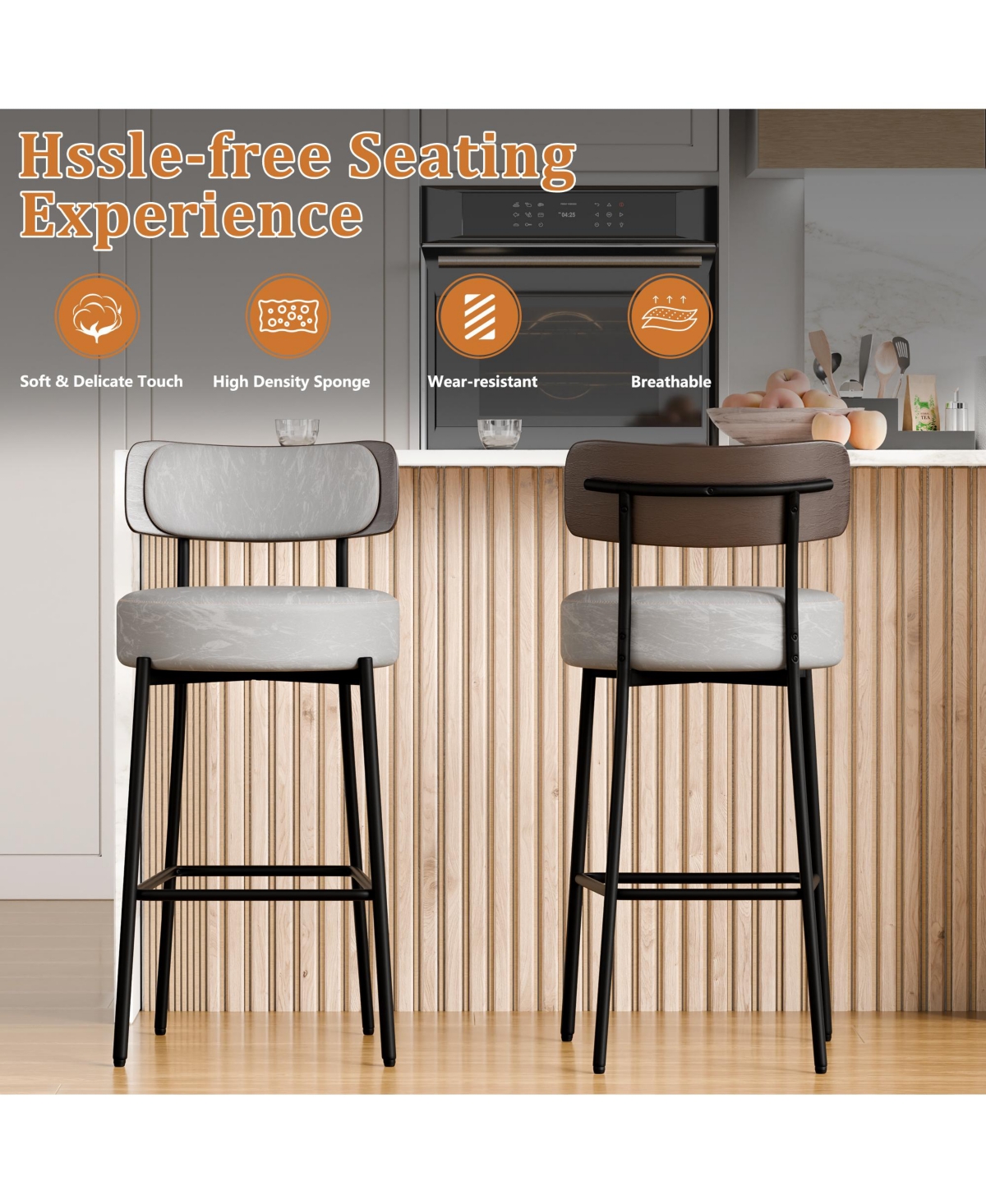 Dyhome 24 inches Bar Stools Set of 2, Counter Height Bar Stools with Leather Pad Wood Back