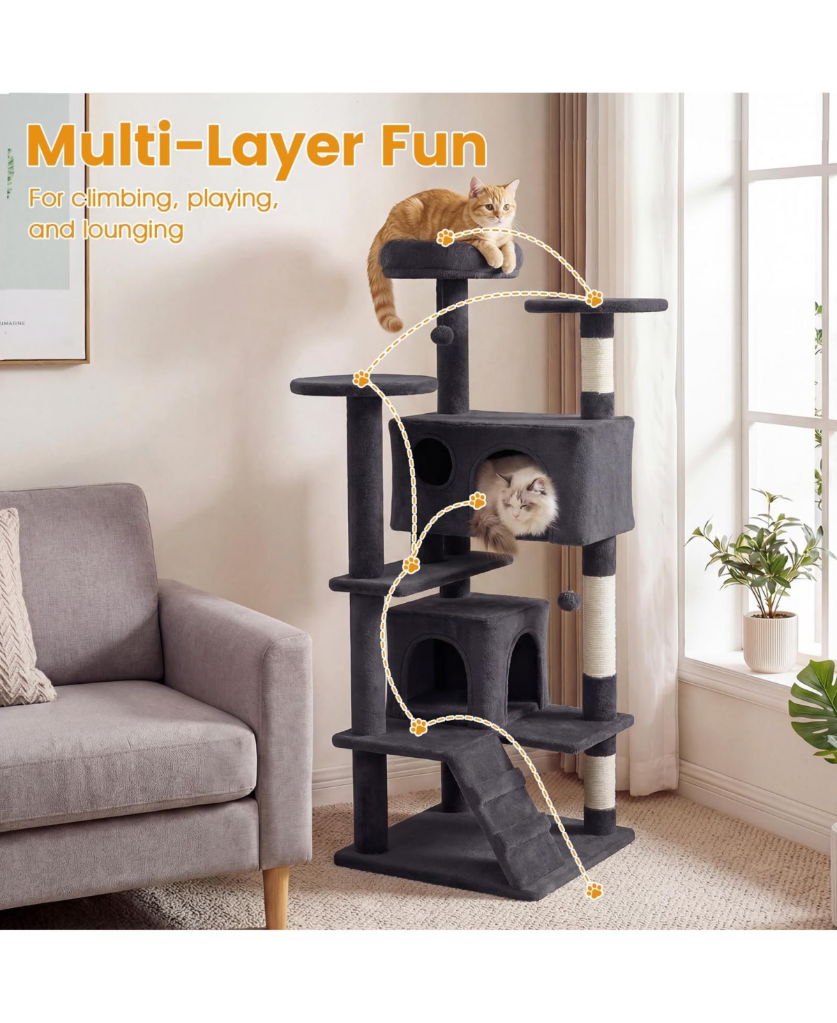 Cozito 52 in Tall Cat Tree Tower for Indoor Cats with Perches and Caves